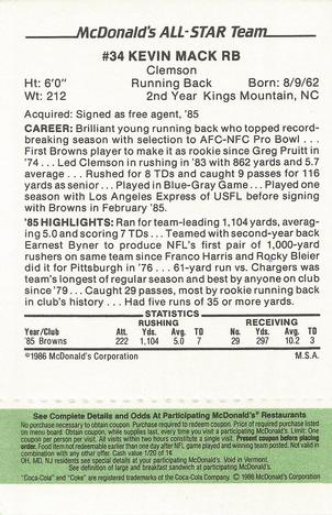 1986 McDonald's All-Star Team - Full Game Pieces: Week 4 Green Tab #NNO Kevin Mack Back