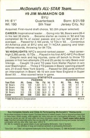 1986 McDonald's All-Star Team - Full Game Pieces: Week 4 Green Tab #NNO Jim McMahon Back