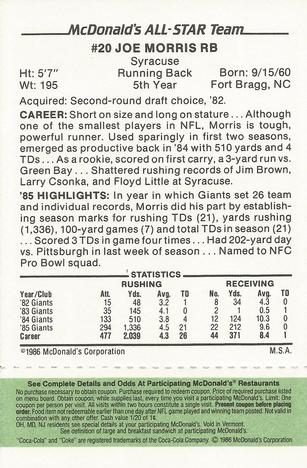 1986 McDonald's All-Star Team - Full Game Pieces: Week 4 Green Tab #NNO Joe Morris Back
