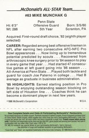1986 McDonald's All-Star Team - Full Game Pieces: Week 4 Green Tab #NNO Mike Munchak Back