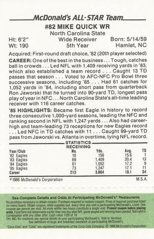 1986 McDonald's All-Star Team - Full Game Pieces: Week 4 Green Tab #NNO Mike Quick Back