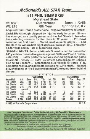 1986 McDonald's All-Star Team - Full Game Pieces: Week 4 Green Tab #NNO Phil Simms Back