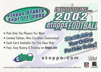 2002 Topps eTopps - eTopps Football Promos #NNO Introducing 2002 eTopps Football (Tom Brady) Back