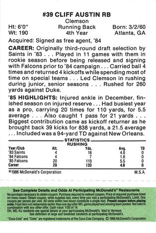 1986 McDonald's Atlanta Falcons - Full Game Pieces: Week 4 Green Tab #NNO Cliff Austin Back