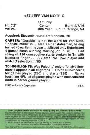 1986 McDonald's Atlanta Falcons - Full Game Pieces: Week 4 Green Tab #NNO Jeff Van Note Back