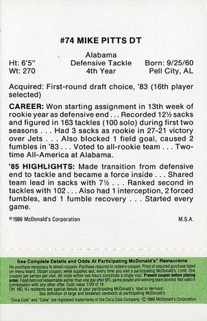 1986 McDonald's Atlanta Falcons - Full Game Pieces: Week 4 Green Tab #NNO Mike Pitts Back