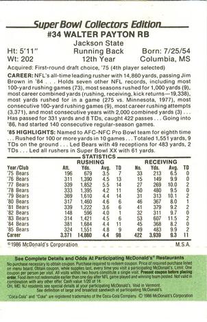 1986 McDonald's Chicago Bears - Full Game Pieces - Week 4 Green Tab #NNO Walter Payton Back