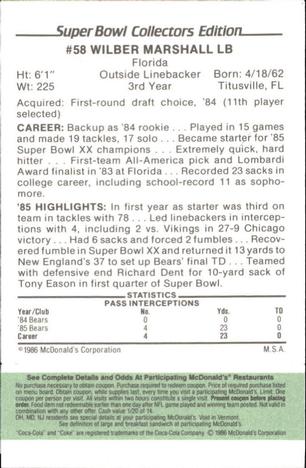 1986 McDonald's Chicago Bears - Full Game Pieces - Week 4 Green Tab #NNO Wilber Marshall Back