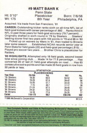 1986 McDonald's Cleveland Browns - Full Game Pieces - Week 4 Green Tab #NNO Matt Bahr Back