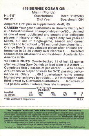 1986 McDonald's Cleveland Browns - Full Game Pieces - Week 4 Green Tab #NNO Bernie Kosar Back