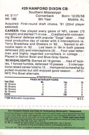 1986 McDonald's Cleveland Browns - Full Game Pieces - Week 4 Green Tab #NNO Hanford Dixon Back