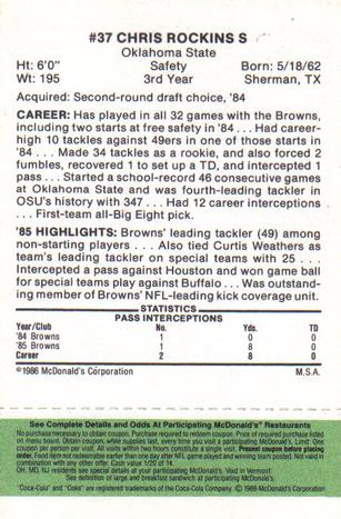 1986 McDonald's Cleveland Browns - Full Game Pieces - Week 4 Green Tab #NNO Chris Rockins Back