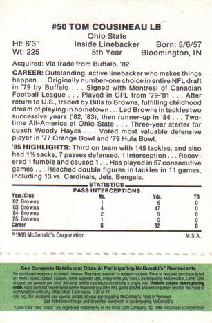 1986 McDonald's Cleveland Browns - Full Game Pieces - Week 4 Green Tab #NNO Tom Cousineau Back
