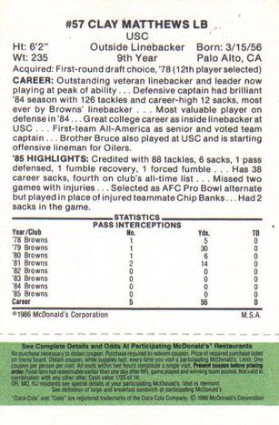 1986 McDonald's Cleveland Browns - Full Game Pieces - Week 4 Green Tab #NNO Clay Matthews Back