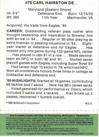 1986 McDonald's Cleveland Browns - Full Game Pieces - Week 4 Green Tab #NNO Carl Hairston Back