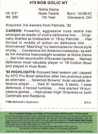 1986 McDonald's Cleveland Browns - Full Game Pieces - Week 4 Green Tab #NNO Bob Golic Back