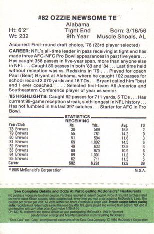 1986 McDonald's Cleveland Browns - Full Game Pieces - Week 4 Green Tab #NNO Ozzie Newsome Back