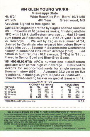 1986 McDonald's Cleveland Browns - Full Game Pieces - Week 4 Green Tab #NNO Glen Young Back