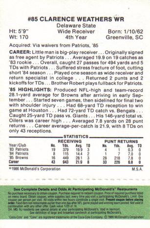 1986 McDonald's Cleveland Browns - Full Game Pieces - Week 4 Green Tab #NNO Clarence Weathers Back