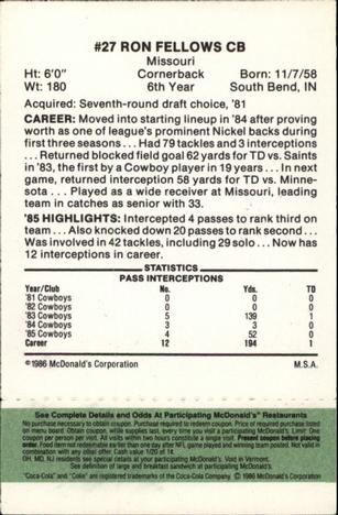 1986 McDonald's Dallas Cowboys - Full Game Pieces - Week 4 Green Tab #NNO Ron Fellows Back