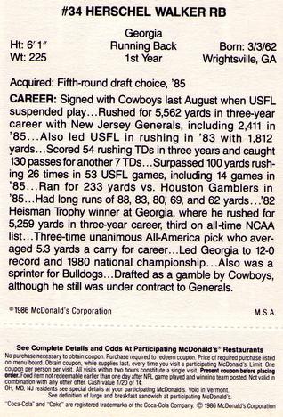 1986 McDonald's Dallas Cowboys - Full Game Pieces - Week 4 Green Tab #NNO Herschel Walker Back