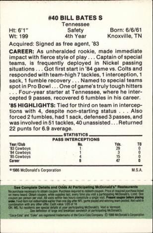 1986 McDonald's Dallas Cowboys - Full Game Pieces - Week 4 Green Tab #NNO Bill Bates Back