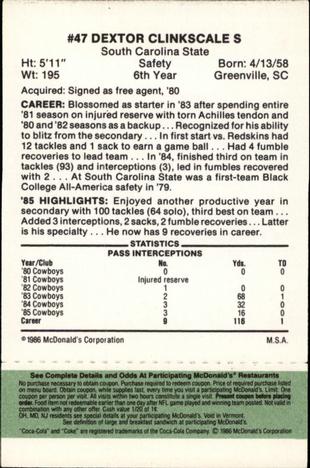 1986 McDonald's Dallas Cowboys - Full Game Pieces - Week 4 Green Tab #NNO Dextor Clinkscale Back