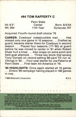 1986 McDonald's Dallas Cowboys - Full Game Pieces - Week 4 Green Tab #NNO Tom Rafferty Back