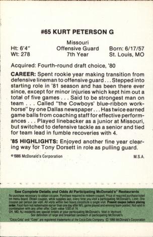 1986 McDonald's Dallas Cowboys - Full Game Pieces - Week 4 Green Tab #NNO Kurt Petersen Back