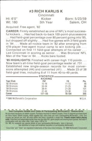 1986 McDonald's Denver Broncos - Full Game Pieces - Week 4 Green Tab #NNO Rich Karlis Back