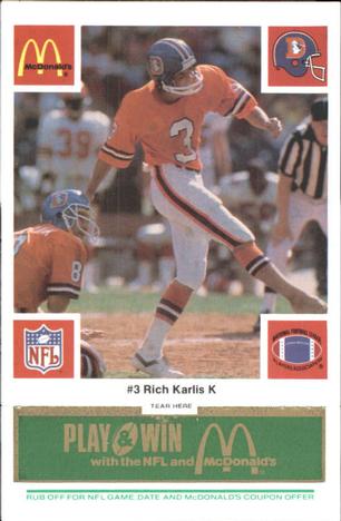 1986 McDonald's Denver Broncos - Full Game Pieces - Week 4 Green Tab #NNO Rich Karlis Front
