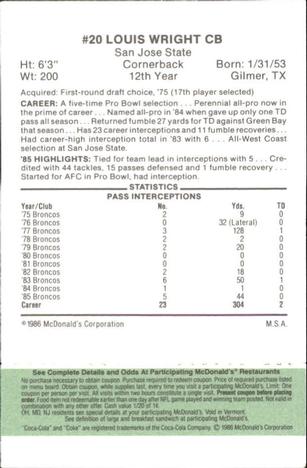 1986 McDonald's Denver Broncos - Full Game Pieces - Week 4 Green Tab #NNO Louis Wright Back
