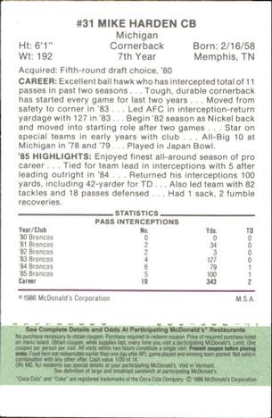 1986 McDonald's Denver Broncos - Full Game Pieces - Week 4 Green Tab #NNO Mike Harden Back