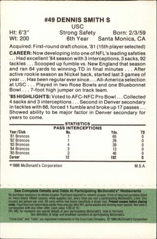 1986 McDonald's Denver Broncos - Full Game Pieces - Week 4 Green Tab #NNO Dennis Smith Back