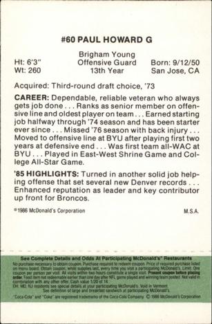 1986 McDonald's Denver Broncos - Full Game Pieces - Week 4 Green Tab #NNO Paul Howard Back