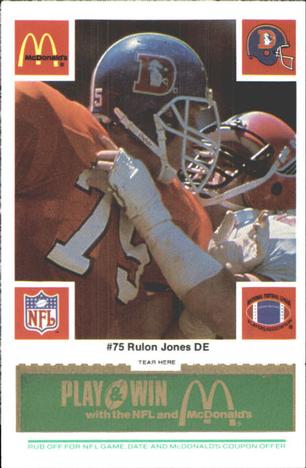 1986 McDonald's Denver Broncos - Full Game Pieces - Week 4 Green Tab #NNO Rulon Jones Front