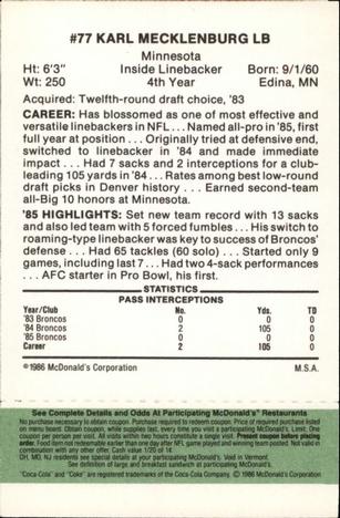 1986 McDonald's Denver Broncos - Full Game Pieces - Week 4 Green Tab #NNO Karl Mecklenburg Back
