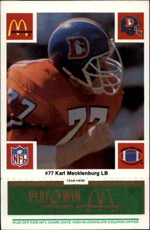 1986 McDonald's Denver Broncos - Full Game Pieces - Week 4 Green Tab #NNO Karl Mecklenburg Front