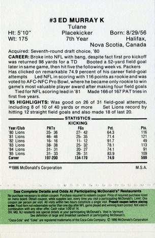 1986 McDonald's Detroit Lions - Full Game Pieces - Week 4 Green Tab #NNO Ed Murray Back