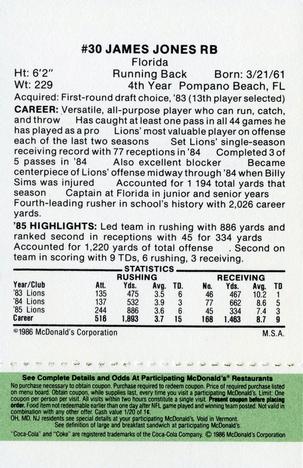 1986 McDonald's Detroit Lions - Full Game Pieces - Week 4 Green Tab #NNO James Jones Back