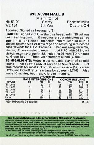1986 McDonald's Detroit Lions - Full Game Pieces - Week 4 Green Tab #NNO Alvin Hall Back