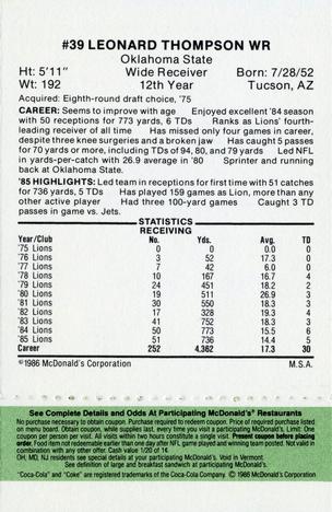 1986 McDonald's Detroit Lions - Full Game Pieces - Week 4 Green Tab #NNO Leonard Thompson Back
