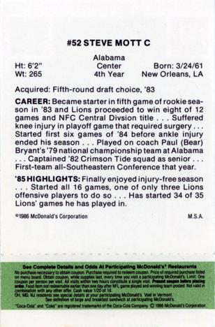 1986 McDonald's Detroit Lions - Full Game Pieces - Week 4 Green Tab #NNO Steve Mott Back