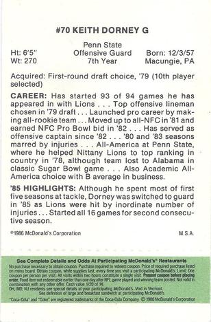 1986 McDonald's Detroit Lions - Full Game Pieces - Week 4 Green Tab #NNO Keith Dorney Back