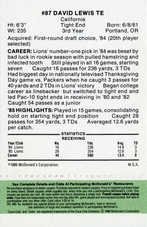 1986 McDonald's Detroit Lions - Full Game Pieces - Week 4 Green Tab #NNO David Lewis Back