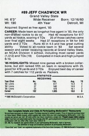 1986 McDonald's Detroit Lions - Full Game Pieces - Week 4 Green Tab #NNO Jeff Chadwick Back