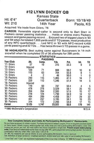 1986 McDonald's Green Bay Packers - Full Game Pieces - Week 4 Green Tab #NNO Lynn Dickey Back