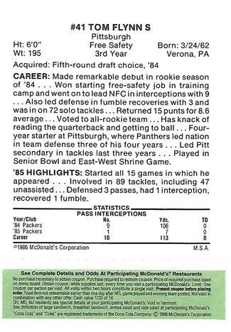 1986 McDonald's Green Bay Packers - Full Game Pieces - Week 4 Green Tab #NNO Tom Flynn Back