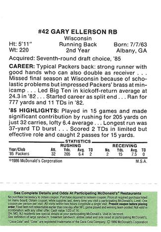 1986 McDonald's Green Bay Packers - Full Game Pieces - Week 4 Green Tab #NNO Gary Ellerson Back