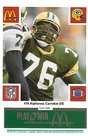 1986 McDonald's Green Bay Packers - Full Game Pieces - Week 4 Green Tab #NNO Alphonso Carreker Front